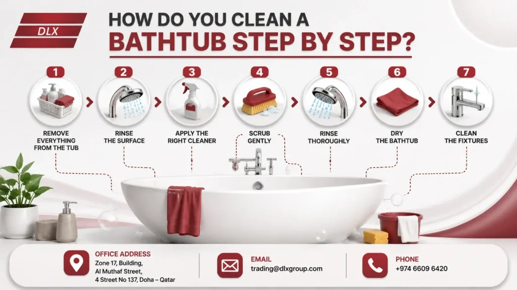 How to clean a bathtub step by step showing seven cleaning steps from rinsing and applying cleaner to drying and cleaning fixtures