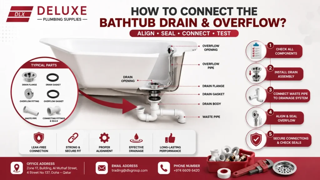 How to connect a bathtub drain and overflow, showing the drain flange, gasket, overflow fitting, waste pipe, seals, and plumbing connections for a proper install a bathtub process.