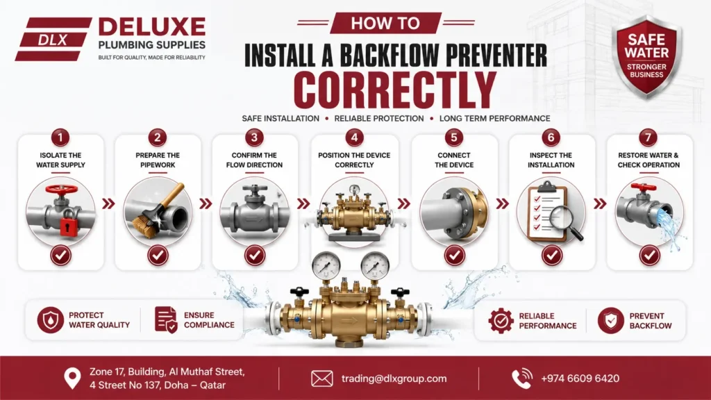 How to install a backflow preventer correctly in seven steps, showing water supply isolation, pipework preparation, flow direction checking, device positioning, secure connection, installation inspection, and restoring water and checking operation. Backflow preventer installation by Deluxe Plumbing Supplies.