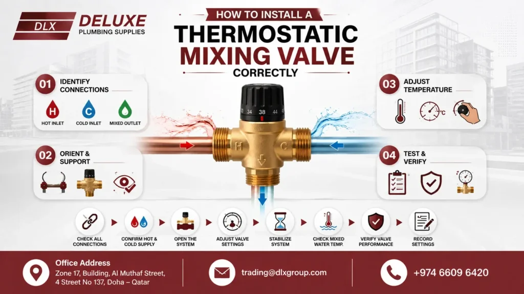 How to install a thermostatic mixing valve correctly, illustrating hot, cold, and mixed-water connections, valve orientation and support, temperature adjustment, system stabilization, performance testing, and commissioning steps for commercial plumbing systems.