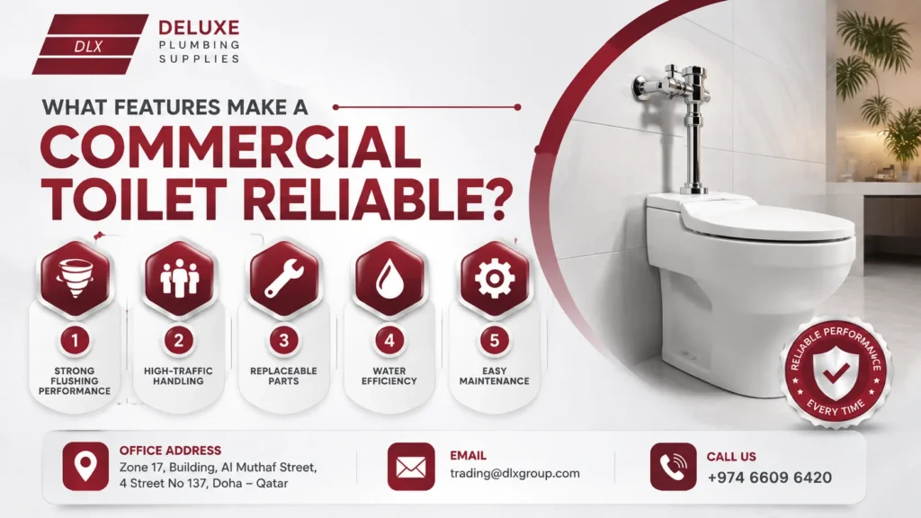 Reliable commercial toilet features infographic showing strong flushing performance, high-traffic handling, replaceable parts, water efficiency, and easy maintenance for commercial buildings in Qatar from Deluxe Plumbing Supplies, a trusted Toilet Supplier.
