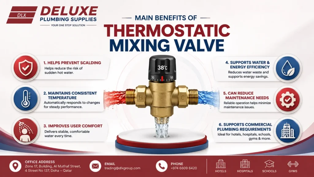 Thermostatic mixing valve benefits including scald prevention, consistent temperature, comfort, water efficiency and reduced maintenance
