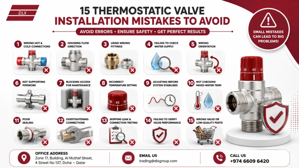 15 thermostatic valve installation mistakes to avoid, including wrong hot and cold connections, incorrect flow direction, fittings, orientation, temperature setting, sealing, and leak testing