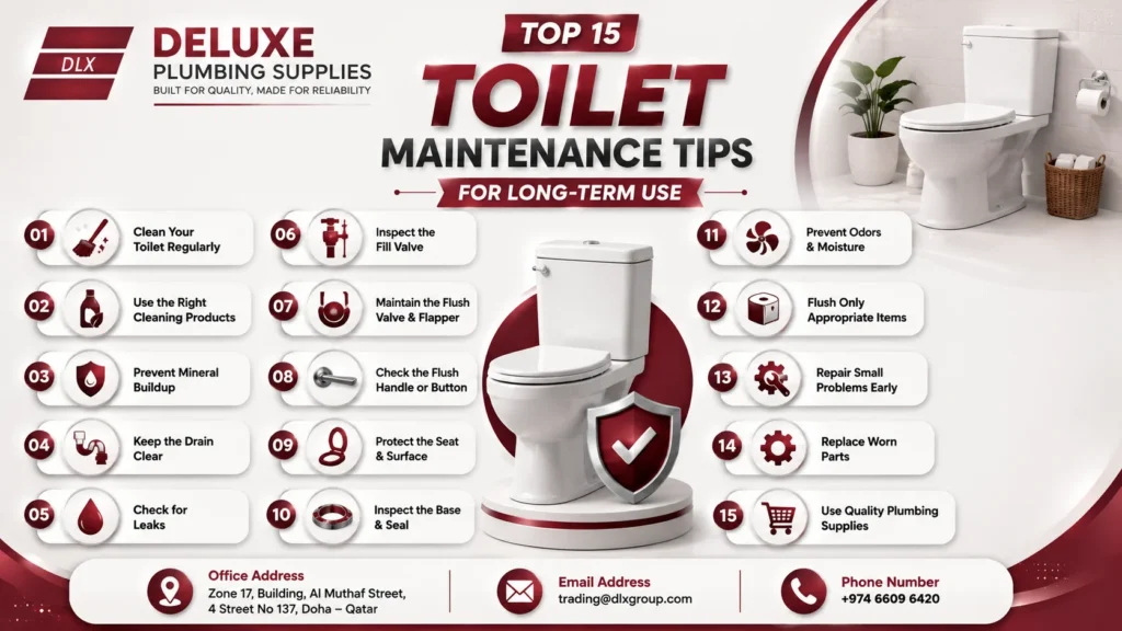 Top 15 toilet maintenance tips infographic covering regular cleaning, cleaning products, mineral buildup, drain care, leak checks, valve inspection, flush maintenance, toilet seat care, seals, odor prevention, proper flushing, repairs, replacement parts, and quality plumbing supplies
