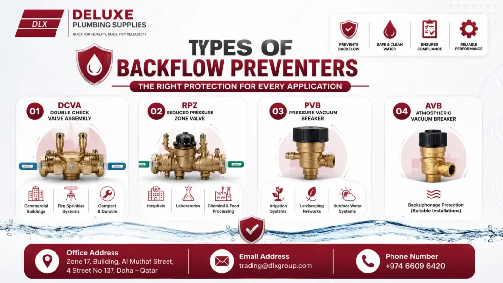 Types of backflow preventers including DCVA, RPZ, PVB, and AVB for commercial plumbing systems