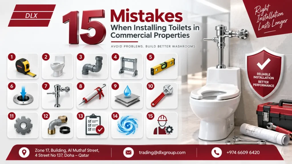 Infographic showing 15 commercial toilet installation mistakes with numbered icons for measurements, toilet selection, drainage, support, leveling, flushing, sealing, fittings, testing, maintenance, and professional installation. A commercial toilet and plumbing tools appear alongside the DLX logo, burgundy branding, and Doha contact details on a premium light background.