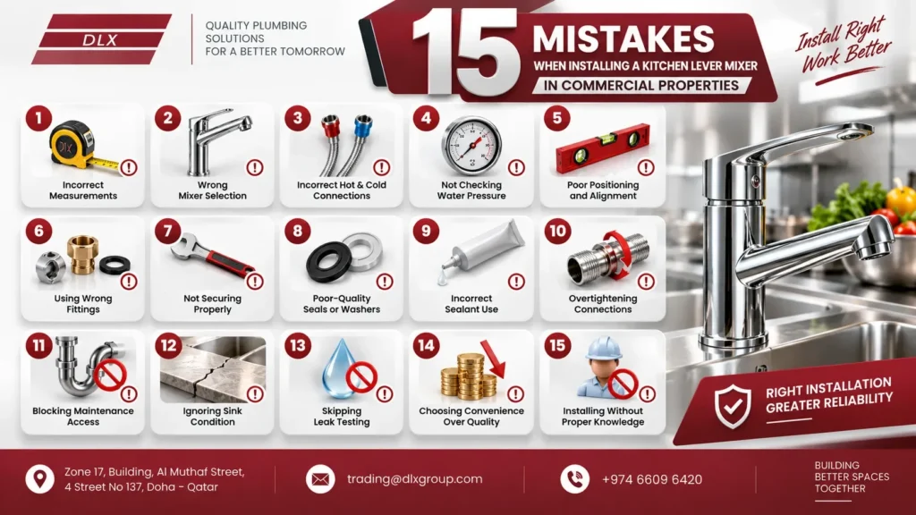 Top 15 mistakes when installing a kitchen lever mixer in commercial properties, featuring a professional commercial kitchen sink, mixer tap, installation checklist, plumbing tools, fittings, sealing materials, leak prevention guidance, accurate measurements, secure connections, water pressure checks, maintenance access, and reliable installation practices for commercial plumbing applications and facilities.