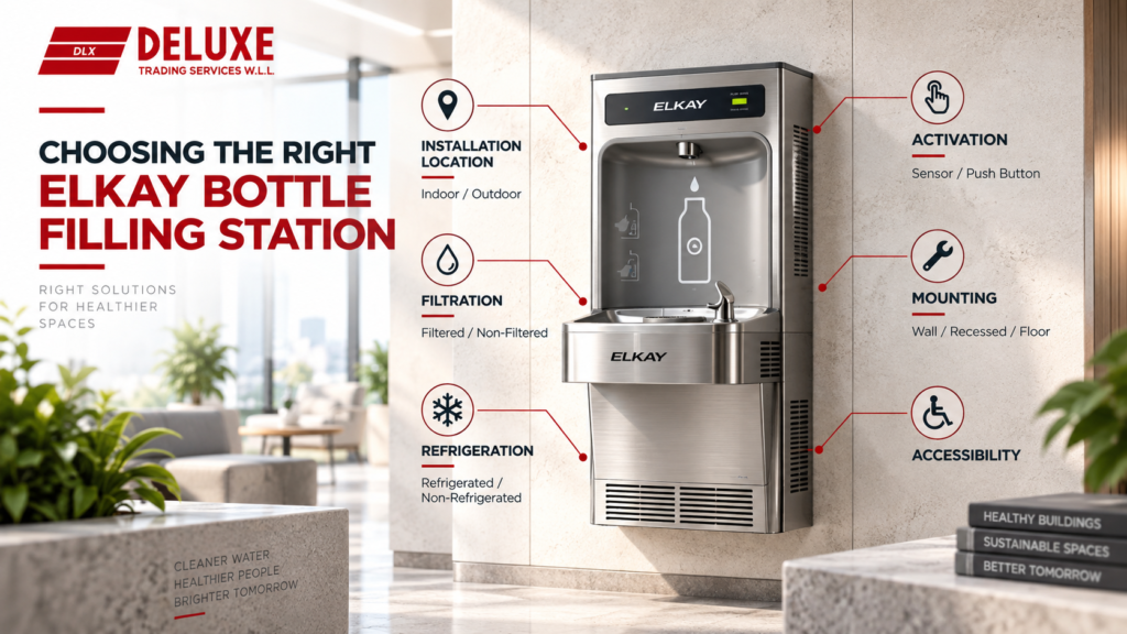 Elkay bottle filling station selection based on installation location, filtration, refrigeration, activation, mounting and accessibility