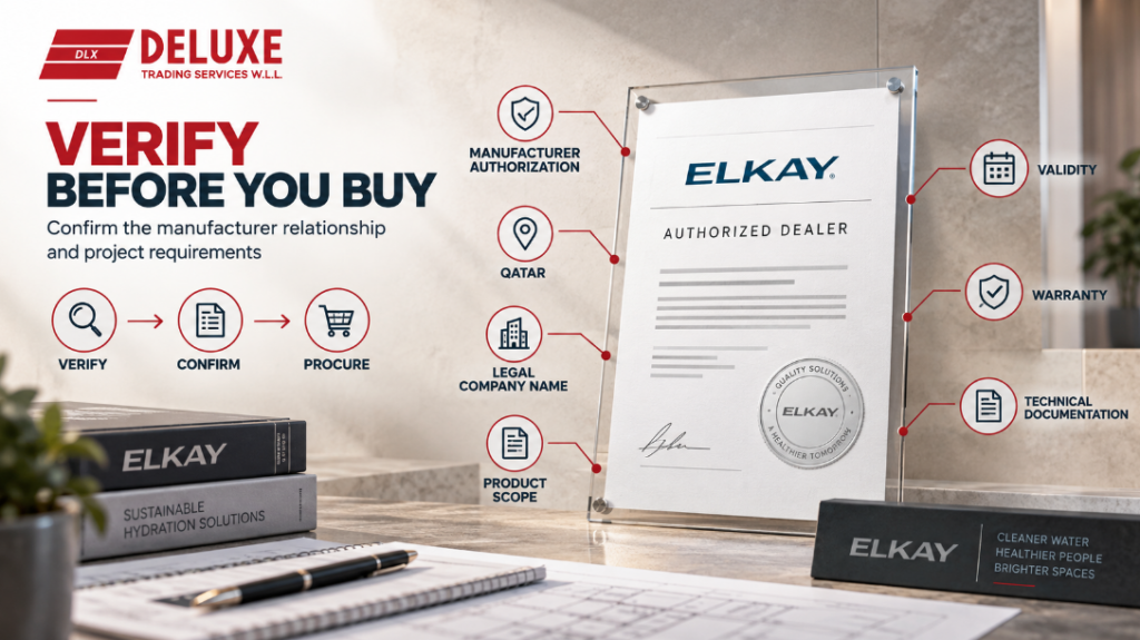 Elkay authorized dealer verification showing manufacturer authorization, Qatar territory, legal company name, product scope, validity, warranty and technical documentation