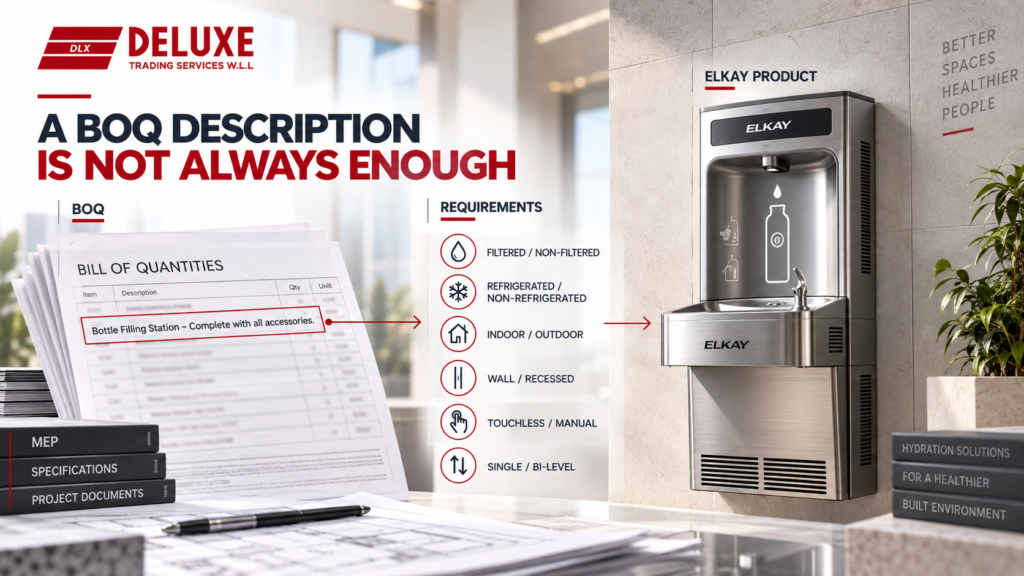 Elkay bottle filling station with BOQ requirements for filtration, refrigeration, installation, mounting and activation