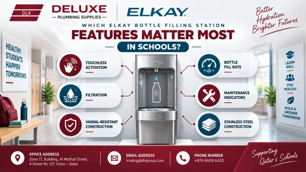 Elkay bottle filling station features for schools, highlighting touchless activation, filtration, vandal-resistant construction, bottle fill rate, maintenance indicators, and stainless steel construction, with Deluxe Plumbing Supplies branding and Qatar contact details in a clean professional school environment.
