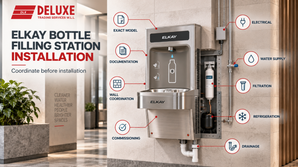 Elkay bottle filling station installation showing exact model, documentation, wall coordination, water supply, electrical, filtration, refrigeration, drainage and commissioning