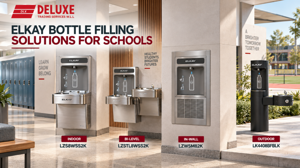 Elkay bottle filling station solutions for schools in Qatar showing indoor, bi-level, in-wall and outdoor configurations