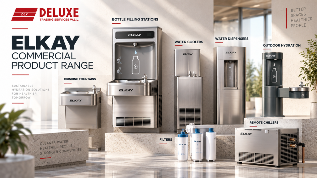 Elkay commercial drinking-water product range including bottle filling stations, drinking fountains, water coolers, water dispensers, outdoor hydration products, filters and remote chillers