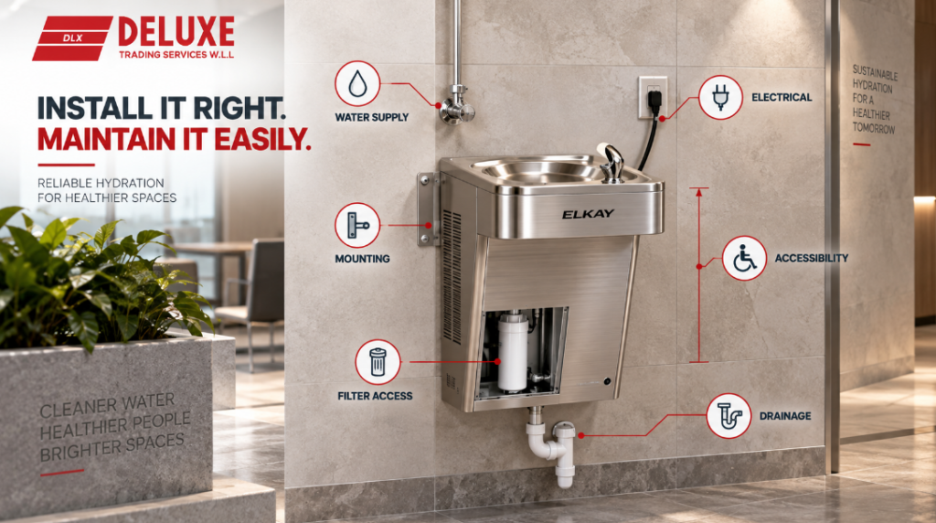 Elkay drinking fountain installation checklist showing water supply, drainage, electrical, mounting, accessibility and filter access requirements