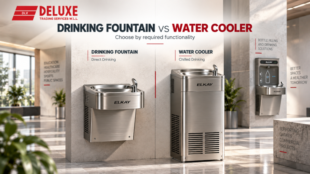 Elkay drinking fountain and water cooler comparison showing direct drinking and chilled drinking solutions for commercial projects in Qatar