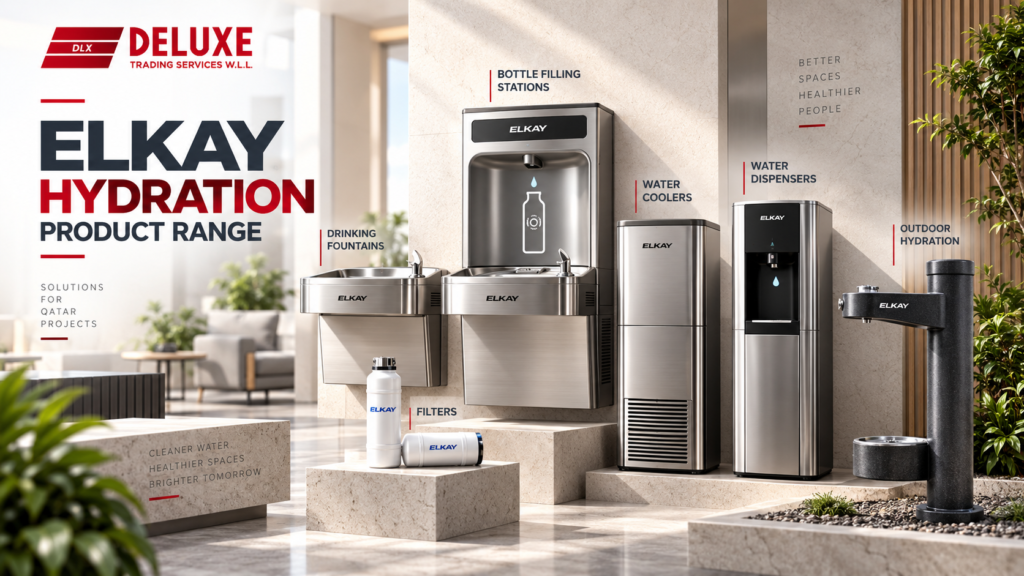 Elkay hydration product range including bottle filling stations, drinking fountains, water coolers, water dispensers, outdoor hydration products and filters
