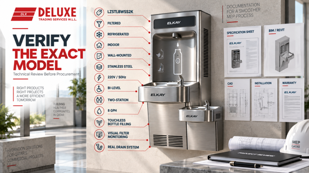 Elkay LZSTL8WSS2K filtered refrigerated bi-level bottle filling station with technical specifications and MEP documentation for a Qatar project