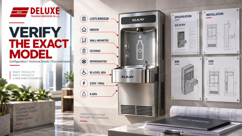 Elkay LZSTL8WSS2K filtered refrigerated bi-level bottle filling station with model specifications and technical project documentation