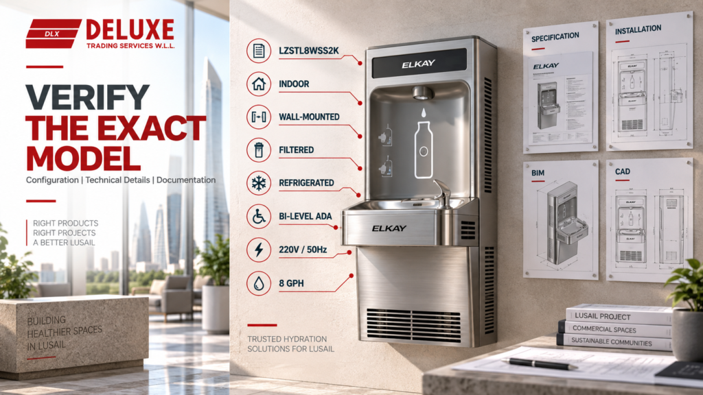 Elkay LZSTL8WSS2K filtered and refrigerated bi-level bottle filling station with technical specifications and project documentation for Lusail