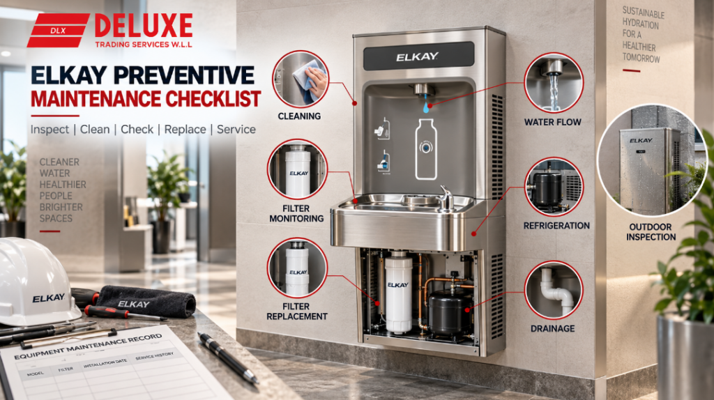 Elkay preventive maintenance checklist showing cleaning, filter monitoring, filter replacement, water flow, refrigeration, drainage and outdoor inspection
