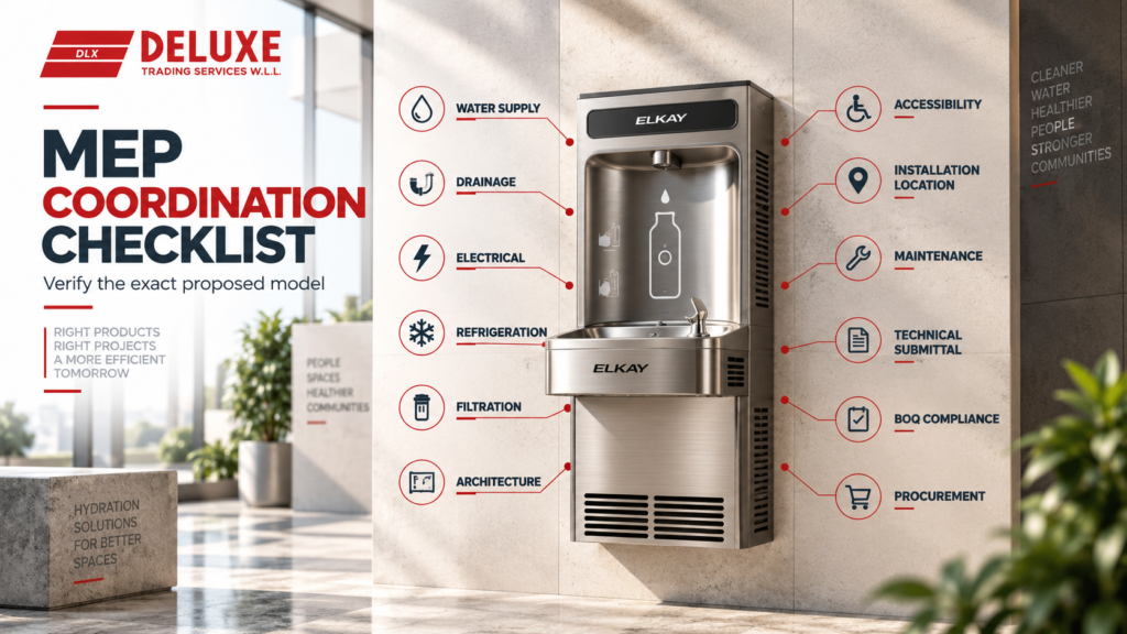 Elkay commercial bottle filling station with MEP coordination requirements for water supply, drainage, electrical, refrigeration, filtration, accessibility and procurement