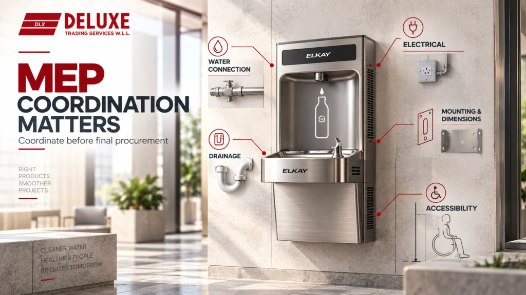 Elkay commercial bottle filling station with water, drainage, electrical, mounting and accessibility coordination requirements