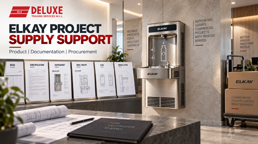 Elkay project supply support with BOQ, specification, datasheet, BIM, CAD and installation documentation for commercial procurement in Qatar