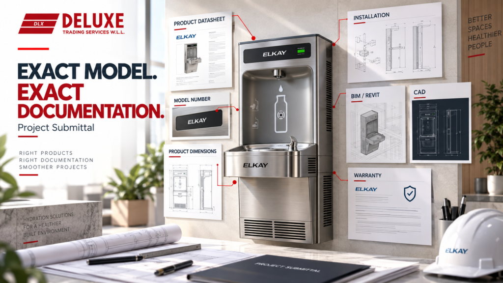 Elkay commercial bottle filling station with product datasheet, model number, dimensions, installation, BIM, CAD and warranty documentation