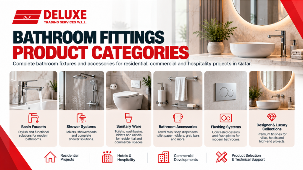 Bathroom fittings Qatar including basin faucets, shower systems, sanitary ware, bathroom accessories and flushing systems for residential and commercial projects.