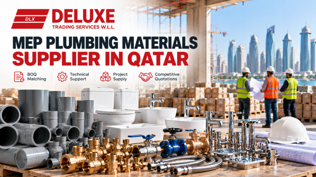 MEP plumbing materials supplier Qatar showcasing plumbing pipes, valves, sanitary ware and fittings for commercial projects.