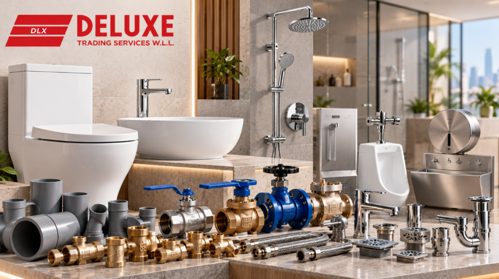 Plumbing Materials Supplier in Qatar showcasing sanitary ware, bathroom fittings, faucets, valves and plumbing accessories by Deluxe Plumbing Supplies.