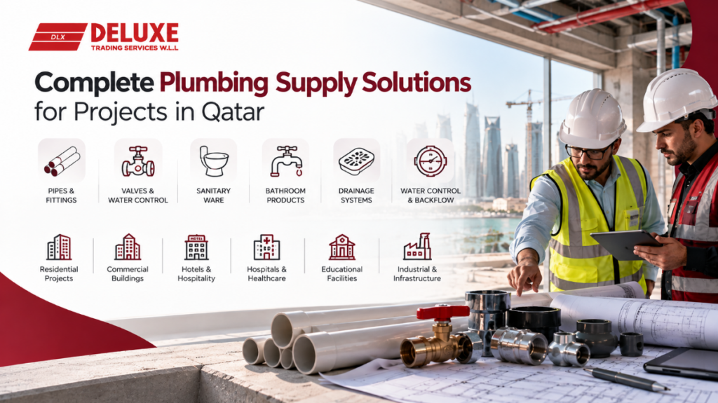 Plumbing Qatar product categories including pipes, fittings, valves, sanitary ware, bathroom products, drainage systems and water-control equipment.