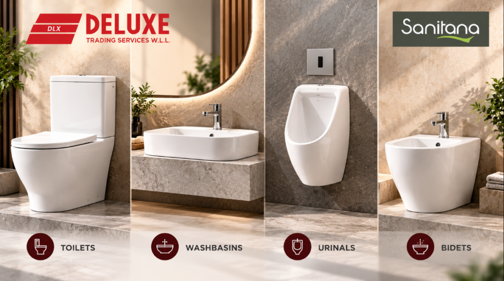 Sanitana sanitary ware Qatar including toilets, washbasins, urinals and bidets for construction projects.