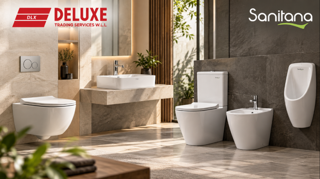 Sanitana sanitary ware in Qatar, including toilets, washbasin, bidet and urinal, supplied by Deluxe Plumbing Supplies