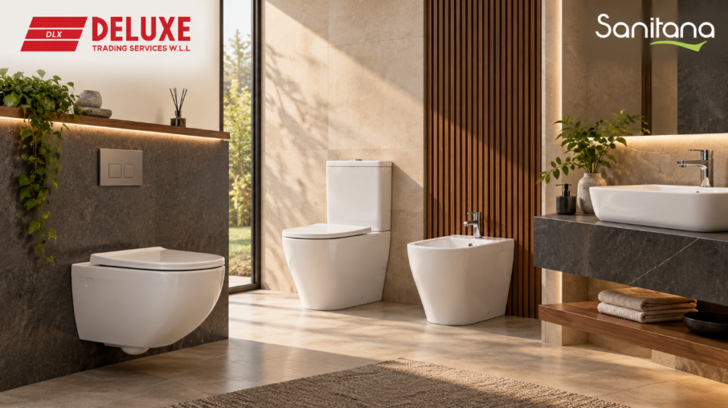 Sanitana toilets in Qatar, including wall-hung and close-coupled toilets with a bidet and washbasin.