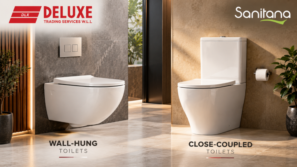 Sanitana wall-hung toilet and close-coupled toilet compared for bathroom projects in Qatar