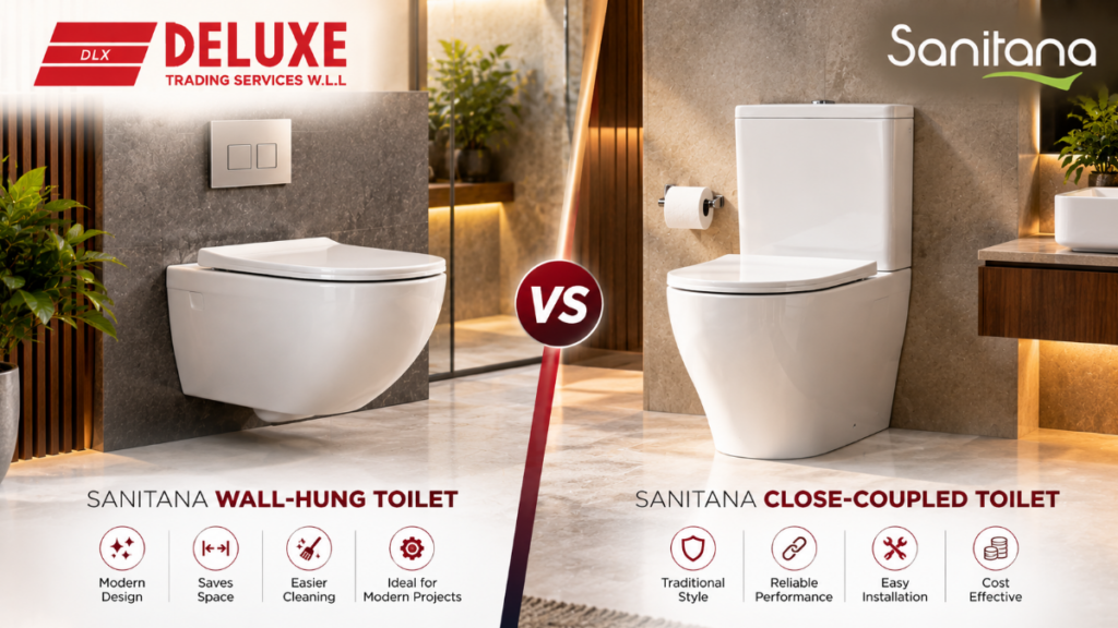 Sanitana wall-hung and close-coupled toilets compared for bathroom projects in Qatar.