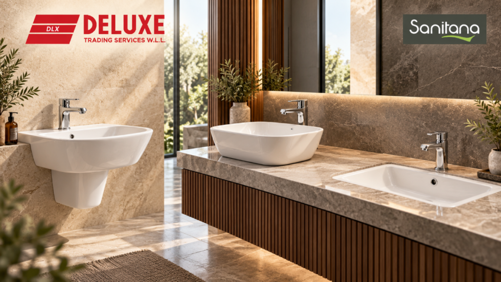 Sanitana washbasins Qatar, including wall-mounted, countertop and inset basin designs.