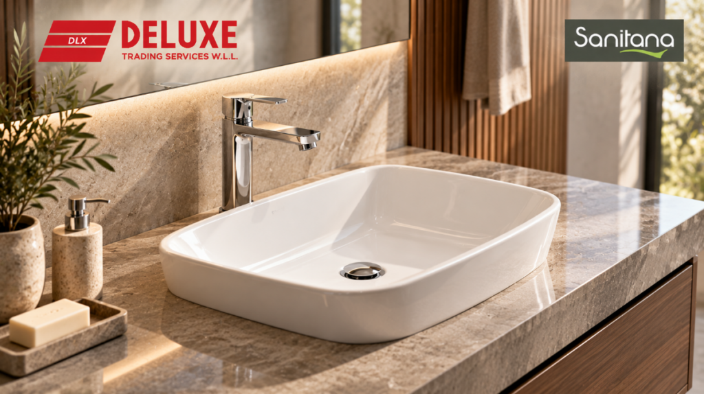 Sanitana washbasin with chrome faucet and countertop arrangement for bathroom projects in Qatar